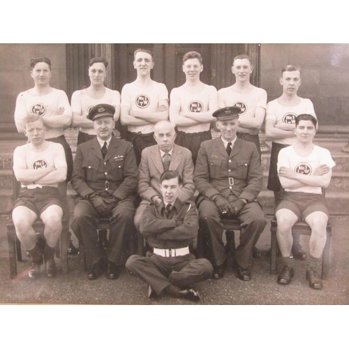 237 - GILT FRAMED COLOURED PRINT AFTER FRANK BRAMLEY TOGETHER WITH A RAF 1944 ROWING TEAM PHOTO