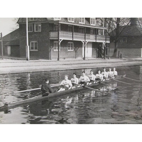 237 - GILT FRAMED COLOURED PRINT AFTER FRANK BRAMLEY TOGETHER WITH A RAF 1944 ROWING TEAM PHOTO