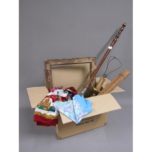 241 - BOX; SILK SCARVES, WARMING PAN, TABLE LAMP ETC.