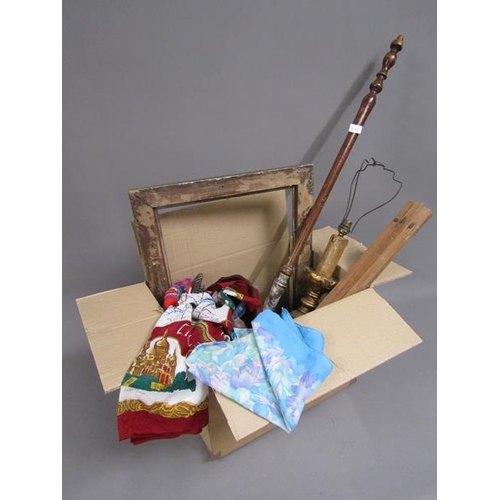 241 - BOX; SILK SCARVES, WARMING PAN, TABLE LAMP ETC.