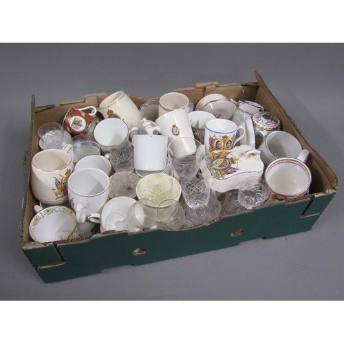 242 - BOX OF CRYSTAL GLASSWARE AND COMMEMORATIVE CHINA