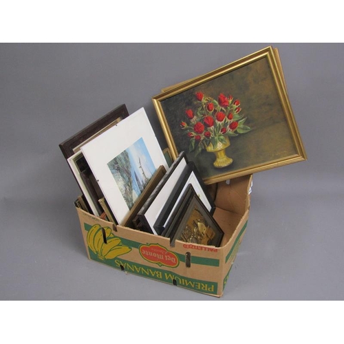 244 - BOX OF FRAMED PICTURES AND PRINTS AND A NEEDLEWORK