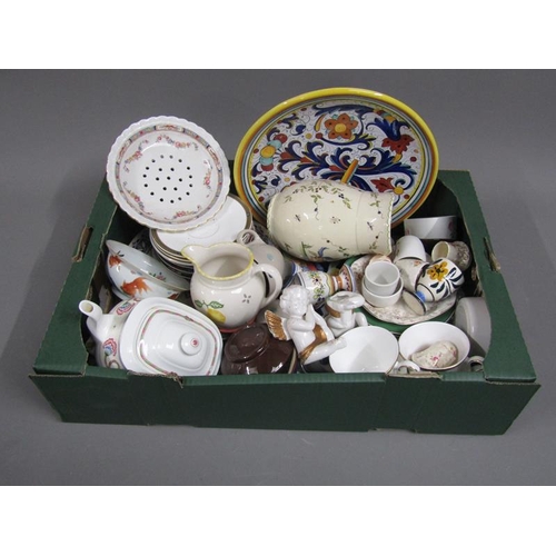 253 - BOX; TEA AND TABLEWARES PLUS CHERUB ORNAMENT