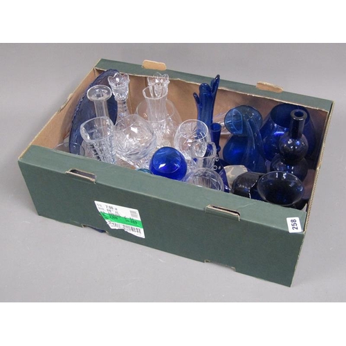 258 - BOX OF BRISTOL BLUE GLASS AND CRYSTAL