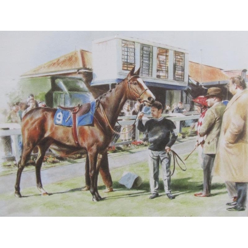 1001 - MANDY SHEPHERD - THE WINNERS ENCLOSURE, COLOURED PRINT, F/G, 68C X 68CM