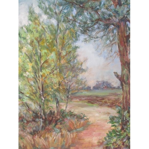 1012 - AGNES JOHNSON - BIRCHES ON THE GOLF LINKS, SIGNED, OIL ON BOARD, FRAMED, 49CM X 39CM