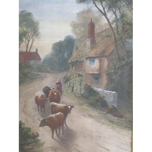 1019 - AFTER JW GOSSARD - CATTLE WITH DROVER ON 19C ROADWAY, COLOURED PRINT, F/G, 50CM X 27CM