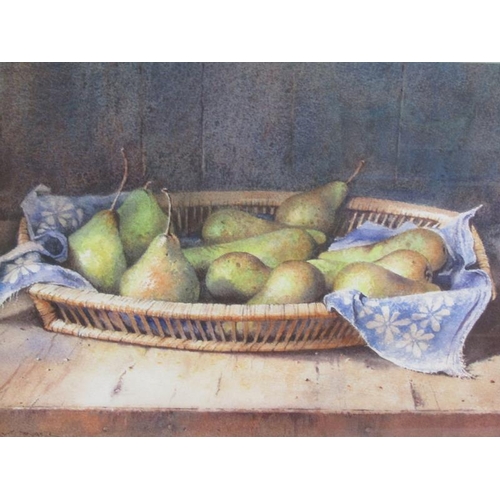 1020 - GERRY BALL - TRAY OF PEARS, SIGNED WATERCOLOUR, F/G, 20CM X 33CM