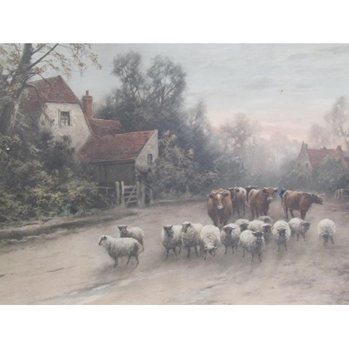 1021 - TWO F/G 19C COLOURED PRINTS - CATTLE AND SHEEP BEING DRIVEN ON A ROADWAY & HARVEST TIME, EACH F/G, A... 