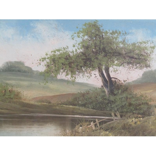 1023 - UNSIGNED - POND IN ROLLING LANDSCAPE, F/G WATERCOLOUR, 15CM X 35CM