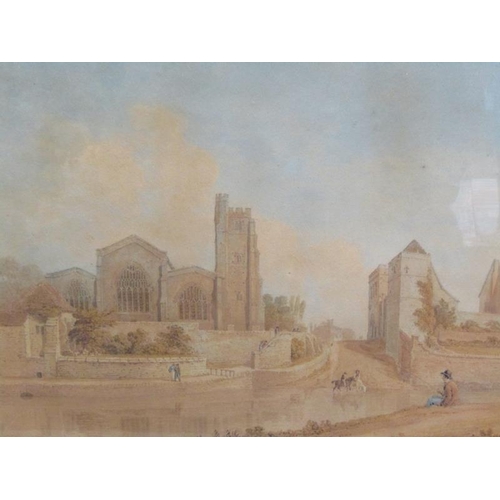 1026 - UNSIGNED 19C - TOWN SCENE WITH ABBEY AND OTHER BUILDINGS, WATERCOLOUR, F/G, 33CM X 48CM