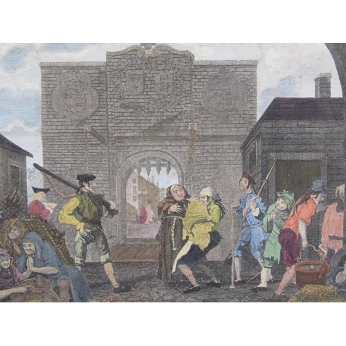 1028 - TWO WILLIAM HOGARTH COLOUERD PRINTS - THE IDLE PRENTICE & GATES OF CALAIS 25CM X 33CM & COACHING PRI... 