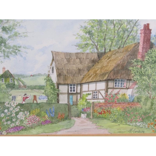 1029 - M GARDENER -THREE WATERCOLOURS, THATCH COTTAGES IN SUMMER TIME, WATERCOLOURS, SIGNED, F/G 17CM X 25C... 