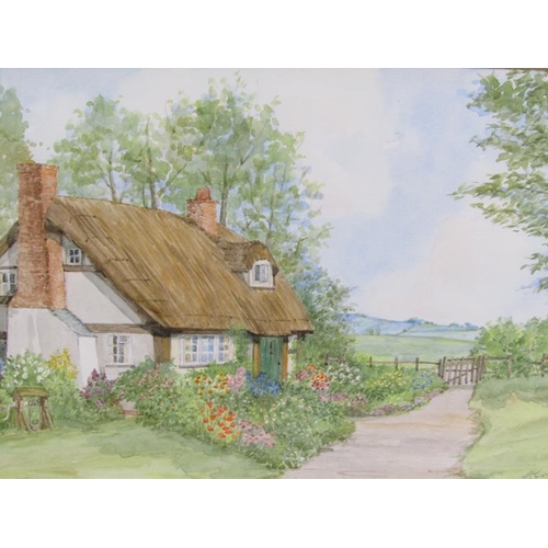 1029 - M GARDENER -THREE WATERCOLOURS, THATCH COTTAGES IN SUMMER TIME, WATERCOLOURS, SIGNED, F/G 17CM X 25C... 