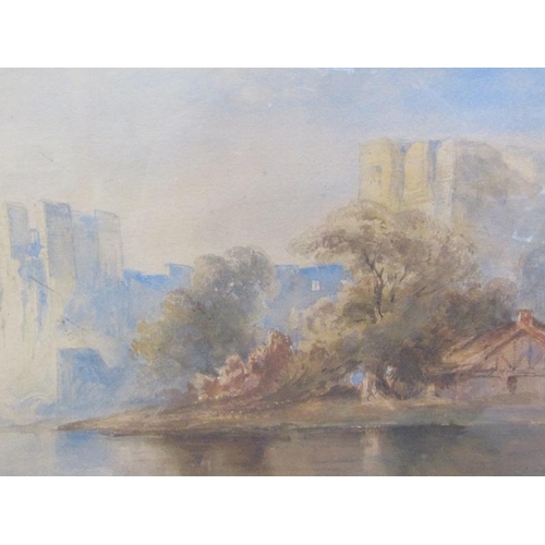 1036 - UNSIGNED 19C EUROPEAN RIVERSCAPE WITH FORTIFIED BUILDINGS, WATERCOLOUR, F/G, 22CM X 34CM