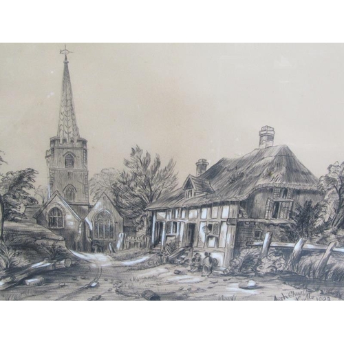 1042 - SIGNED IN MONO, DATED 1902 - ASH CHURCH, B&W CHALK, F/G, 29CM X 40CM; NEEDLEWORK PICTURE OF A HUNTSM... 