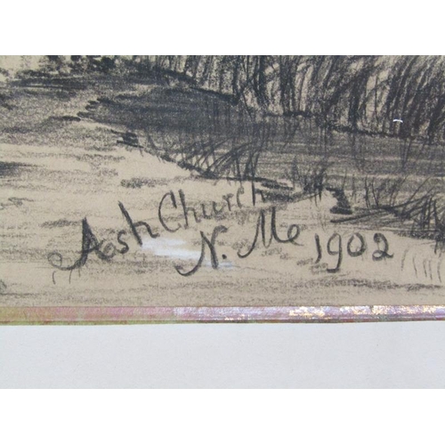 1042 - SIGNED IN MONO, DATED 1902 - ASH CHURCH, B&W CHALK, F/G, 29CM X 40CM; NEEDLEWORK PICTURE OF A HUNTSM... 