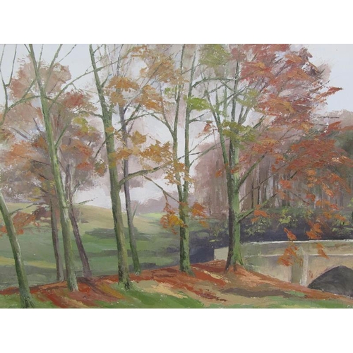 1044 - OLIVE WALKER - STONE BRIDGE IN AUTUMN, SIGNED IN MONO OW, FRAMED, OIL ON CANVAS, 49CM X 75CM