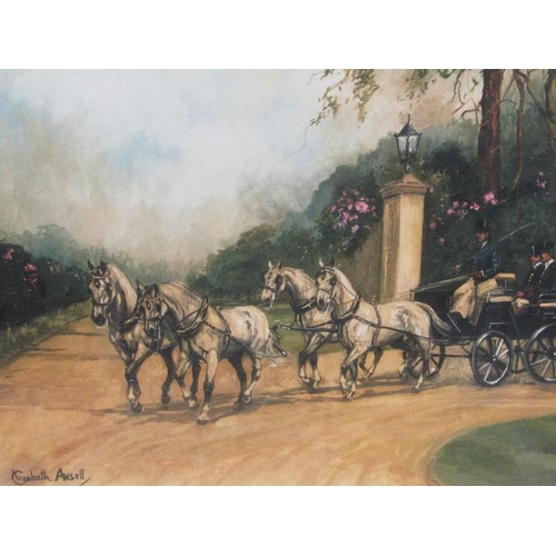 1046 - ELIZABETH ANSELL - TWO F/G COLOURED PRINTS, COACH AND HORSES; TWO OTHER PRINTS