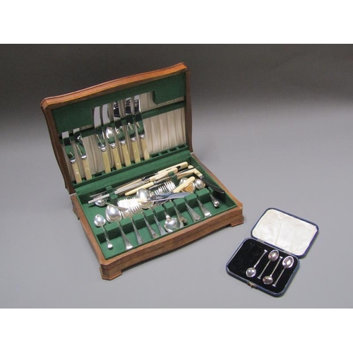 289 - BOX TO INCL PEWTER TEAWARES, CANTEEN OF CUTLERY, VINTAGE CAMERA