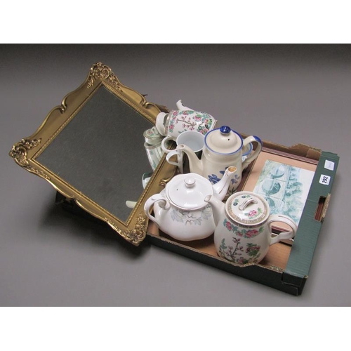 292 - BOX OF TEAWARES, FRAMED PRINTS, GILT MITTOT