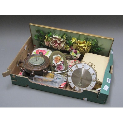 301 - BOX TO INCL PORCELAIN FLOWER DISPLAYS, BAROMETERS, CLOCKS ETC