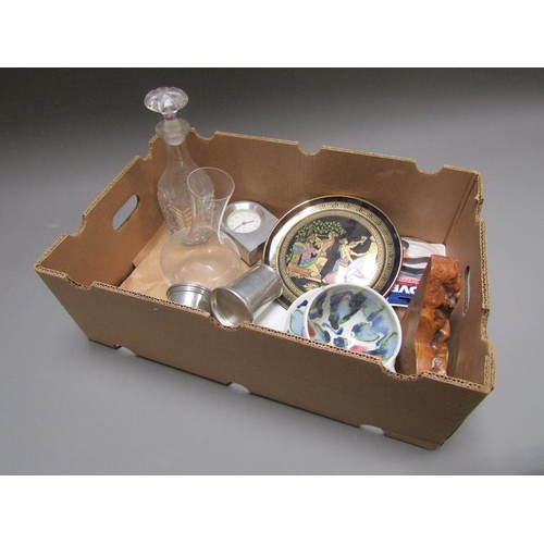 304 - BOX TO INCL PEWTER TANKARD, DECANTERS AND CERAMICS