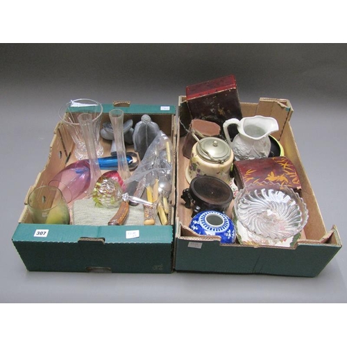 307 - TWO BOXES OF MISC TO INCL ART GLASS, CRYSTAL, CUTLERY ETC