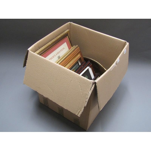 311 - BOX OF PICTURES AND PRINTS, WOODEN TRAY