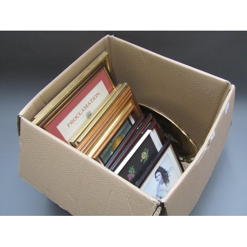 311 - BOX OF PICTURES AND PRINTS, WOODEN TRAY