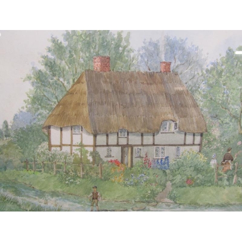 1052 - M GARDENER - SERIES OF FOUR WATERCOLOURS (THREE FRAMED), COTTAGES IN VILLAGE SETTINGS