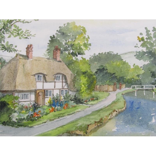 1052 - M GARDENER - SERIES OF FOUR WATERCOLOURS (THREE FRAMED), COTTAGES IN VILLAGE SETTINGS