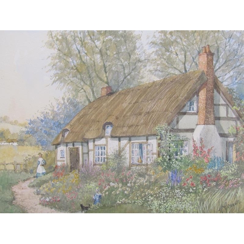 1052 - M GARDENER - SERIES OF FOUR WATERCOLOURS (THREE FRAMED), COTTAGES IN VILLAGE SETTINGS