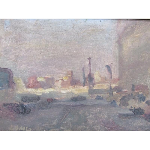 1057 - UNFRAMED OIL ON CANVAS - FIGURE ON A PATHWAY APPROACHING A HOMESTEAD; ABSTRACT PAINTING SIGNED LONG,... 