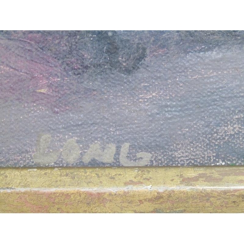 1057 - UNFRAMED OIL ON CANVAS - FIGURE ON A PATHWAY APPROACHING A HOMESTEAD; ABSTRACT PAINTING SIGNED LONG,... 