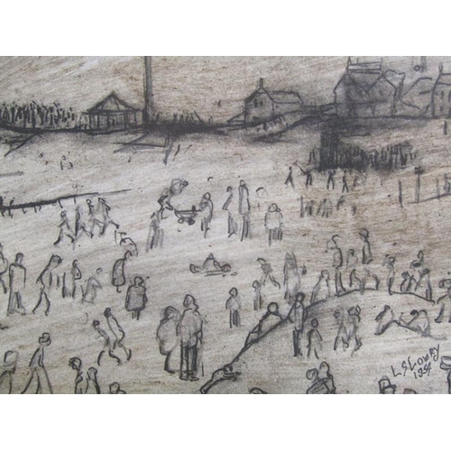 1060 - TWO F/G PRINTS AFTER LS LOWRY - THE DONKEY CART, 11CM X 16CM & FIGURES ON A BEACH, 18CM X 12CM