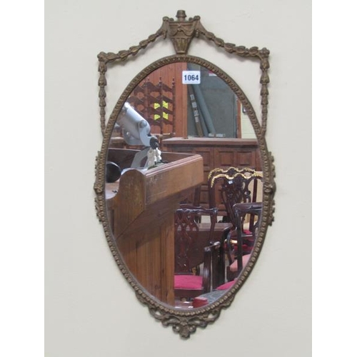 1064 - GILT METAL OVAL WALL MIRROR, 56CM X 33CM