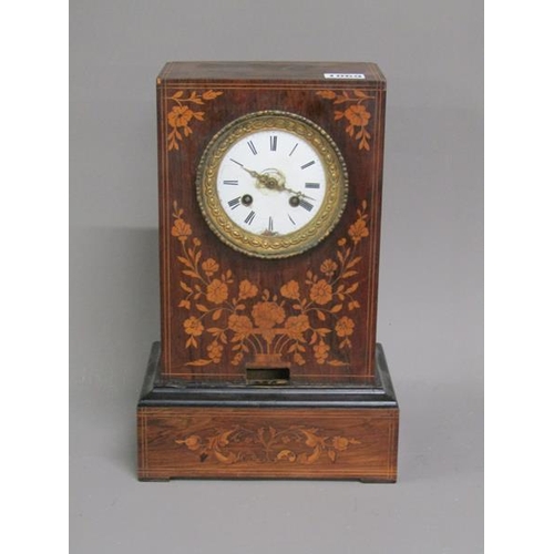 1069 - LATE 19C ROSEWOOD MARQUETRY CASED MANTEL CLOCK, 34CM H