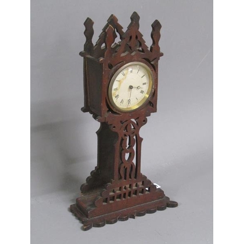 1071 - LATE 19C WALNUT FRET AND GOTHIC CARVED MANTEWL CLOCK, 38CM H