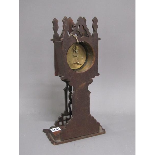 1071 - LATE 19C WALNUT FRET AND GOTHIC CARVED MANTEWL CLOCK, 38CM H