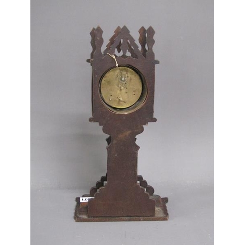 1071 - LATE 19C WALNUT FRET AND GOTHIC CARVED MANTEWL CLOCK, 38CM H