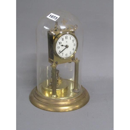 1073 - LATE 19C/EARLY 20C BRASS TORSION MANTEL CLOCK UNDER DOME, 29CM H