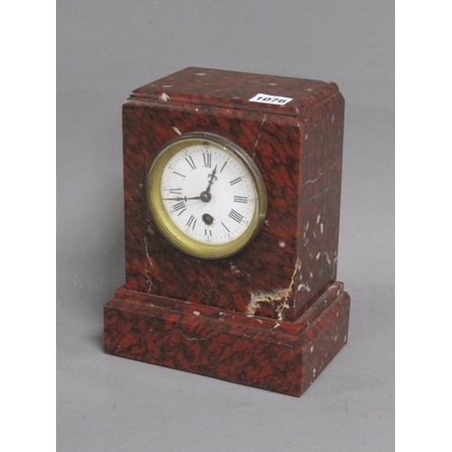 1076 - LATE 19C/EARLY 20C RED VEINED MARBLE MANTEL CLOCK, 25CM H