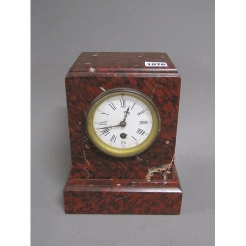 1076 - LATE 19C/EARLY 20C RED VEINED MARBLE MANTEL CLOCK, 25CM H