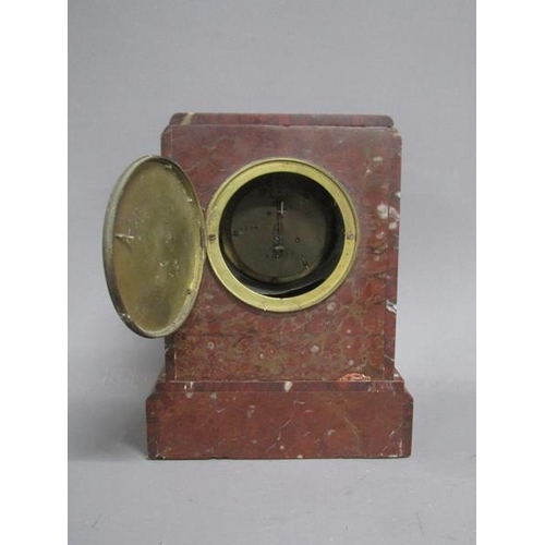 1076 - LATE 19C/EARLY 20C RED VEINED MARBLE MANTEL CLOCK, 25CM H