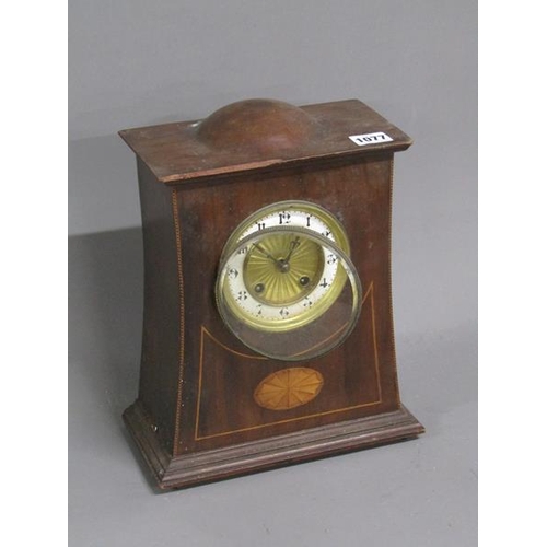 1077 - LATE 19C/EARLY 20C SATINWOOD LINE INLAID MAHOGANY MANTEL CLOCK, 32CM H