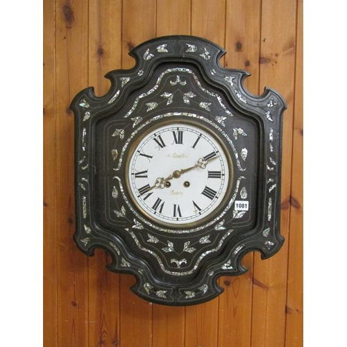 1081 - 19C FRENCH CAMTOISE CLOCK LACQUERED MOTHER OF PEARL INLAID WALL CLOCK NAMED M LAMBERT EASSAY, 62CM H... 