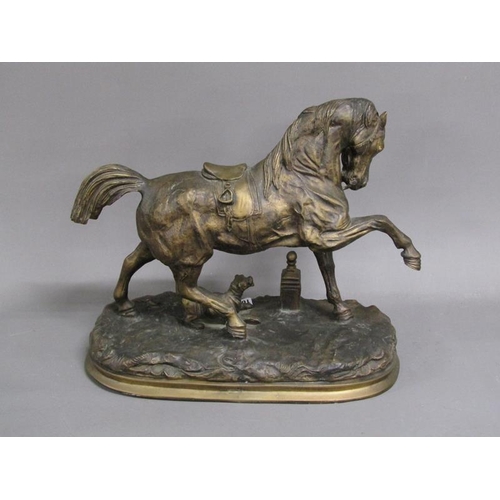 1096 - LATE 19C BRONZED METAL FIGURE OF A PRANCING HORSE DISTURBED BY A DOG, 45CM W