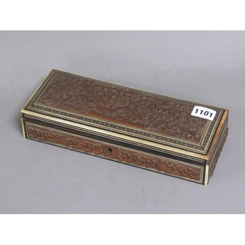 1101 - LATE 19C/EARLY 20C ORIENTAL CARVED WOODEN GLOVE BOX, 27.5CM W