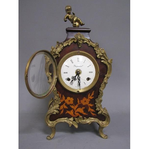 1105 - FRENCH INLAID ORMOLU MOUNTED MANTEL CLOCK, 38CM H